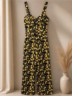 Sleeveless Lemon-Print Jumpsuit in Black and Yellow